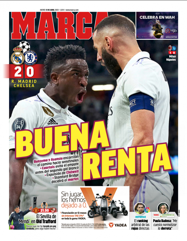 CL準々決勝第1戦チェルシー戦翌日MARCA紙一面：BUENA RENTA（良いアドバンテージ）