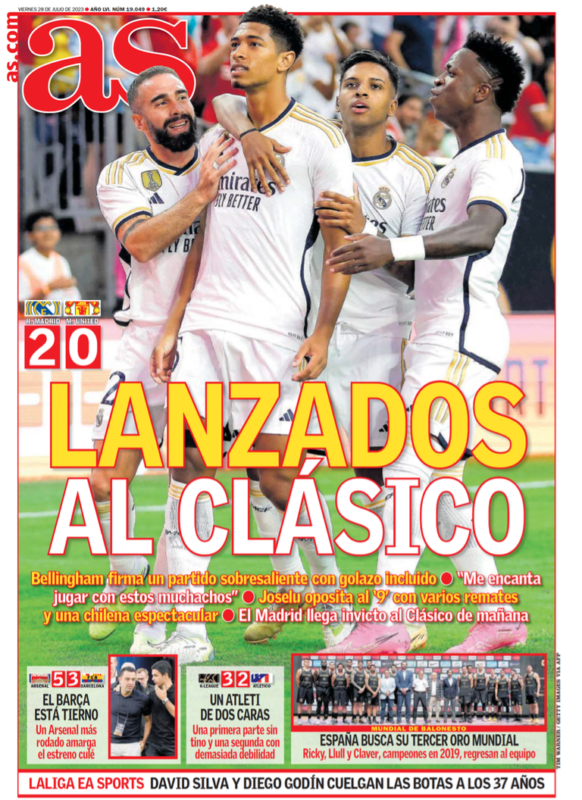 サッカー・チャンピオンズ・ツアー第2戦マンチェスター・U戦翌日AS紙一面：LANZADOS AL CLÁSICO（クラシコに向け準備万端）