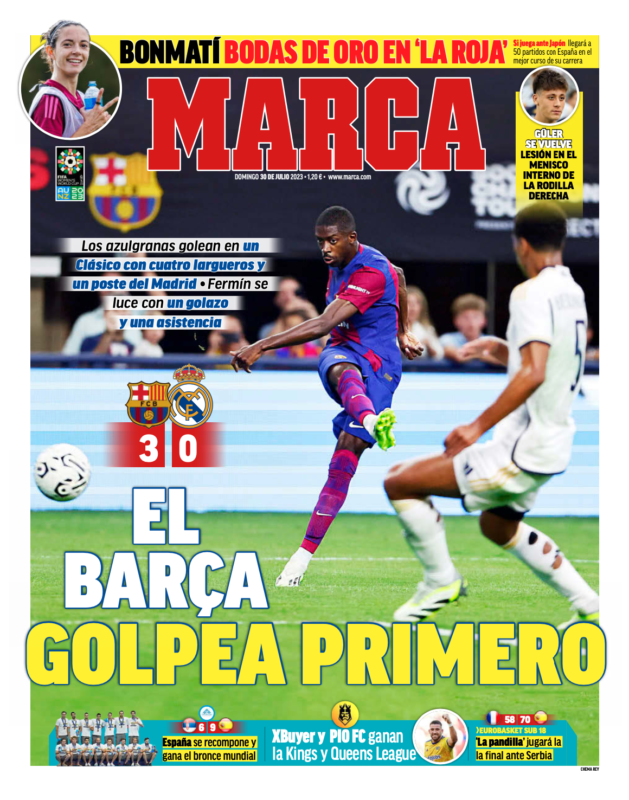 サッカー・チャンピオンズ・ツアー第3戦バルセロナ戦翌日MARCA紙一面：EL BARÇA GOLPEA PRIMERO（バルサが最初の一撃）