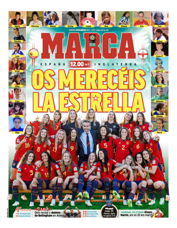 リーガ第2節アルメリア戦翌日MARCA紙一面：Otro recital y doblete de Bellingham en Almería（アルメリアでのベリンガムの新たなリサイタルとドブレテ）