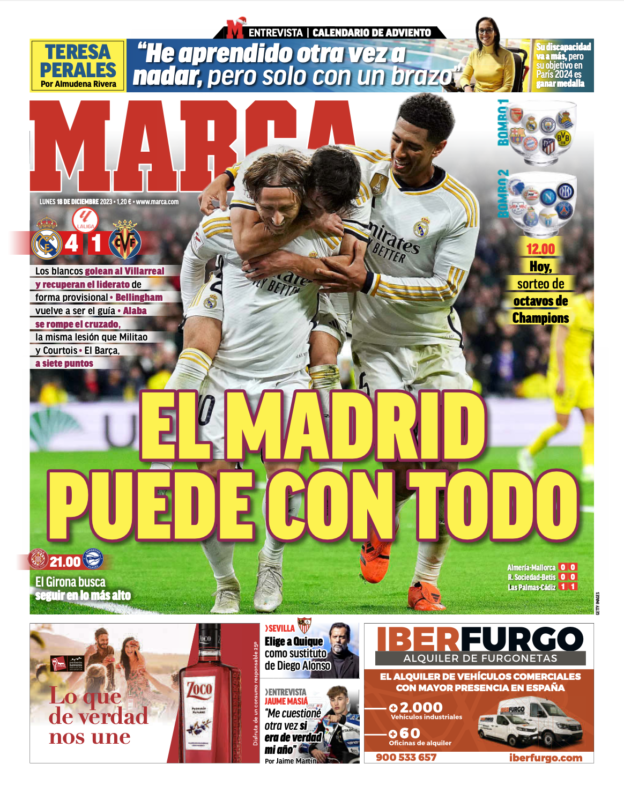 リーガ第17節ビジャレアル戦翌日MARCA紙一面：EL MADRID PUEDE CON TODO（オールマイティなマドリー）