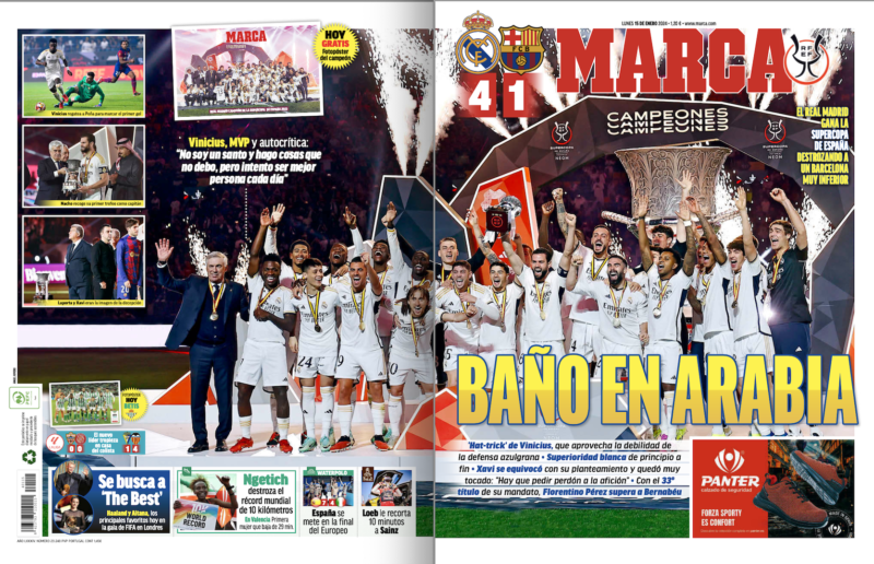スーペルコパ決勝バルセロナ戦翌日MARCA紙一面：BAÑO EN ARABIA（サウジアラビアでゴールラッシュ）
