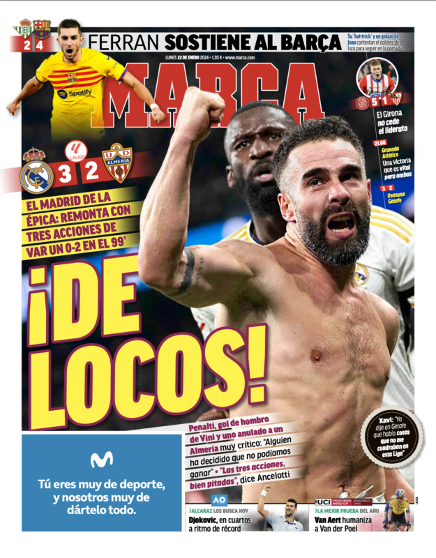リーガ第21節アルメリア戦翌日MARCA紙一面：¡DE LOCOS!（クレイジー！）
