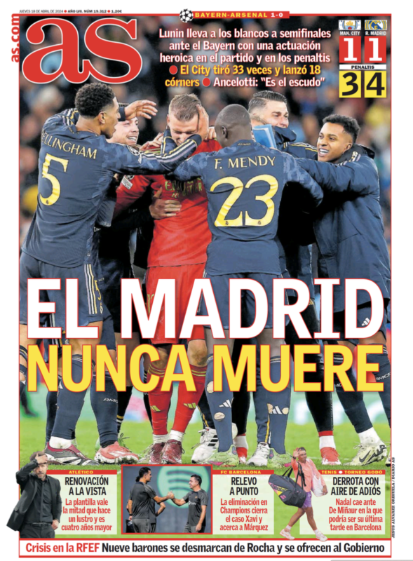 CL準々決勝第2戦マンチェスター・シティ戦翌日AS紙一面：EL MADRID NUNCA MUERE（マドリーは決して死なず）