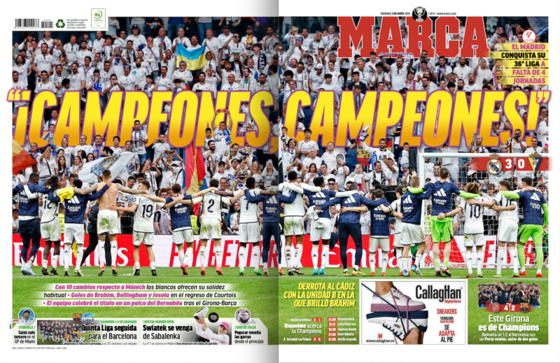 リーガ第34節カディス戦翌日MARCA紙一面： “¡CAMPEONES,CAMPEONES!”（“チャンピオン、チャンピオン”）