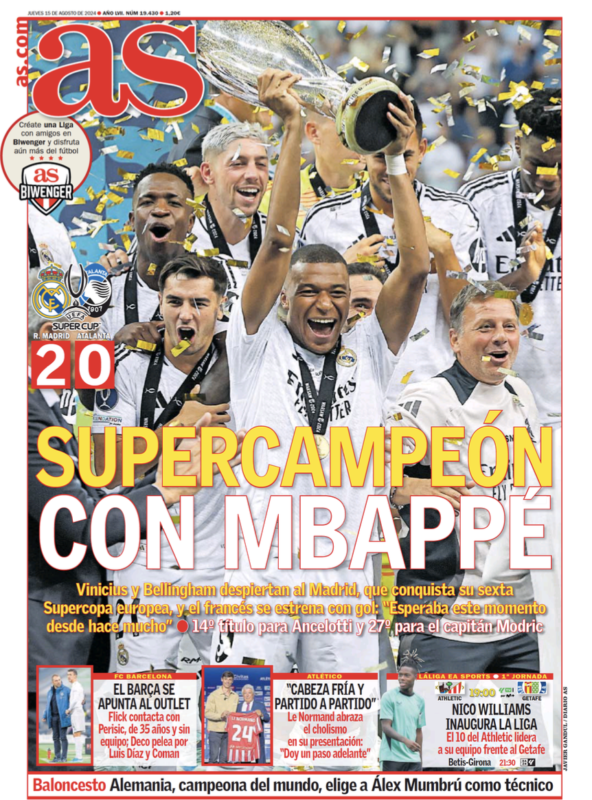 UEFAスーパーカップ・アタランタ戦翌日AS紙一面：SUPERCAMPEÒN CON MBAPPÈ（エムバペを擁しスーパーチャンピオンに）