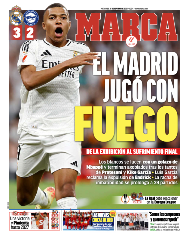 リーガ第7節アラベス戦翌日MARCA紙一面：EL MADRID JUGÒ CON FUEGO（軽率に危険を冒すマドリー）