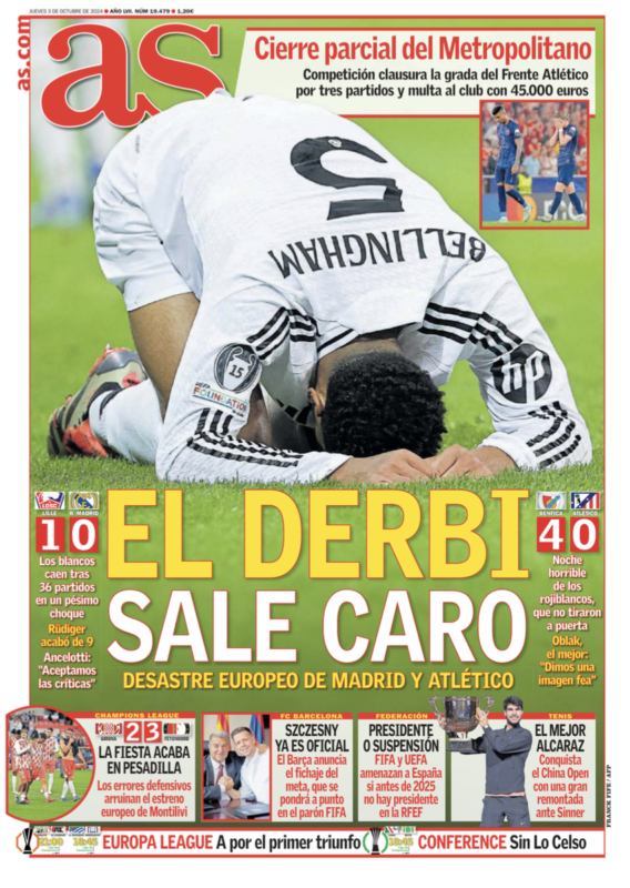 CLリーグフェーズ第2節リール戦翌日AS紙一面：EL DERBI SALE CARO（ダービーが高い代償に）