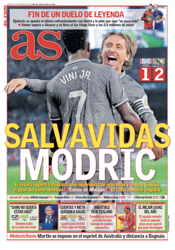 リーガ第10節セルタ戦翌日AS紙一面：SALVAVIDAS MODRIC（ライフライン・モドリッチ）