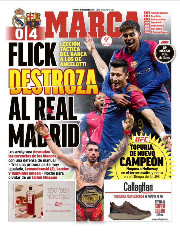 リーガ第11節バルセロナ戦翌日MARCA紙一面：FLICK DESTROZA AL REAL MADRID（フリックがレアル・マドリードを破壊）