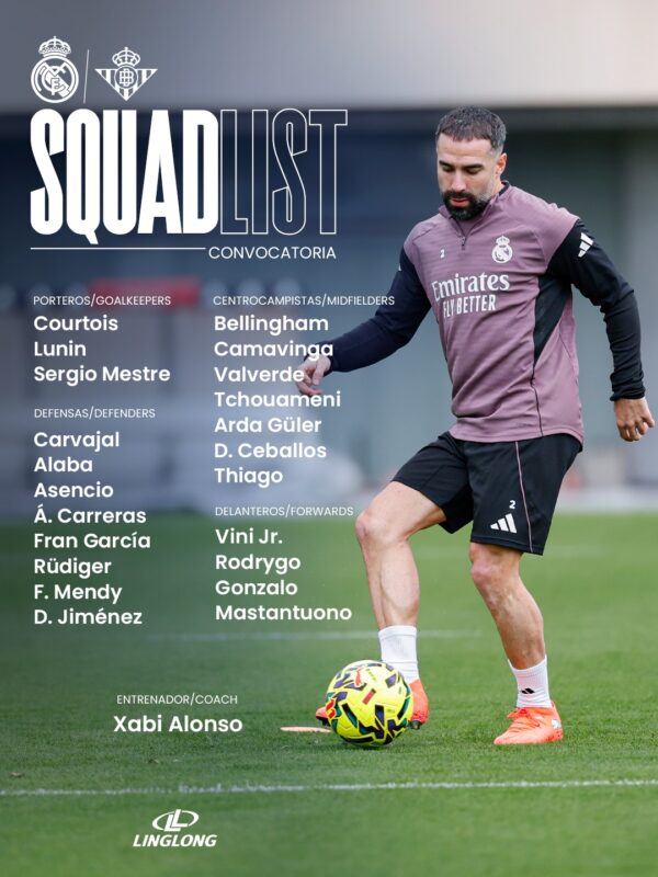 リーガ第18節ベティス戦招集メンバー22名：エムバペが招集外、カルバハルが2ヶ月ぶり復帰