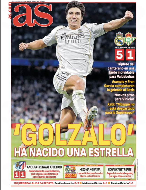 リーガ第18節ベティス戦翌日AS紙一面：“GOLZALO” HA NACIDO UNA ESTRELLA（“ゴールサロ” スター誕生）