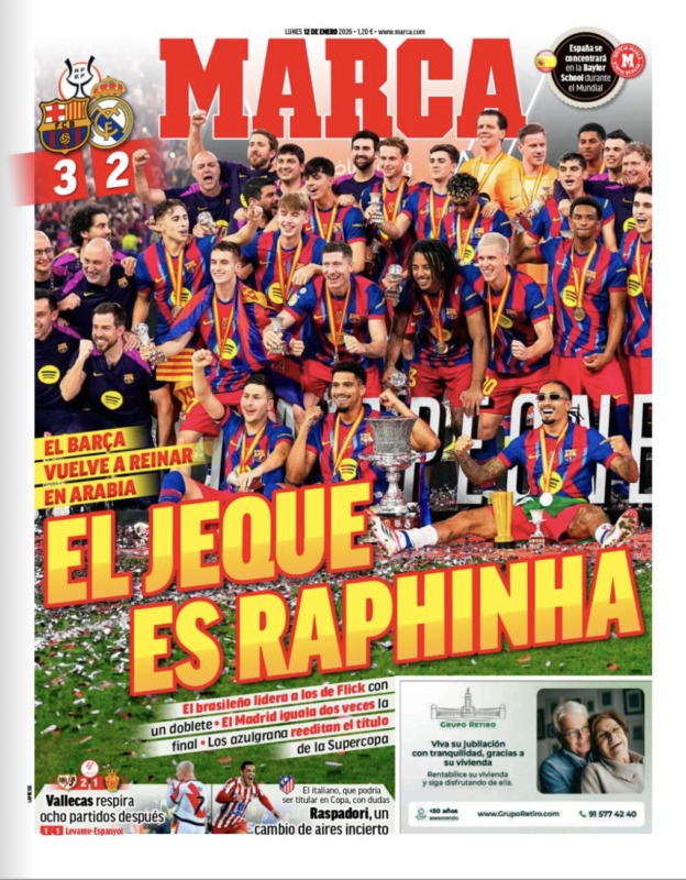 スーペルコパ決勝バルセロナ戦翌日MARCA紙一面：EL JEQUE ES RAPHINHA（首長はラフィーニャ）