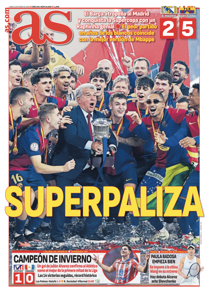 スーペルコパ決勝バルセロナ戦翌日AS紙一面：SUPERPALIZA（惨敗