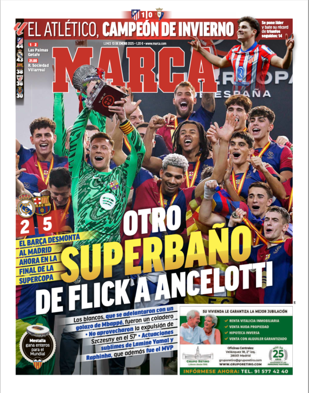 スーペルコパ決勝バルセロナ戦翌日MARCA紙一面：OTRO SUPERBAÑO DE FLICK A ANCELOTTI（フリックがアンチェロッティ相手に再びゴールラッシュ）