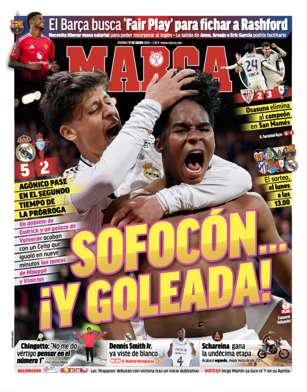 国王杯ラウンド16セルタ戦翌日MARCA紙一面：SOFOCÓN…¡Y GOLEADA!（怒り…そしてゴールラッシュ）