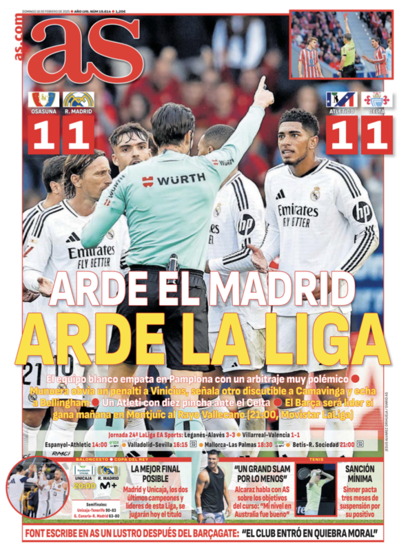 リーガ第24節オサスナ戦翌日AS紙一面：ARDE EL MADRID ARDE LA LIGA（燃えるマドリー、燃えるリーガ）