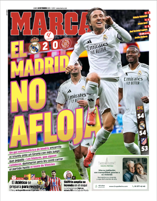 リーガ第25節ジローナ戦翌日MARCA紙一面：EL MADRID NO AFLOJA（マドリーは譲らず）