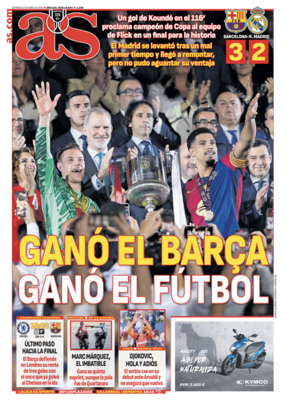国王杯決勝バルセロナ戦翌日AS紙一面：GANÓ EL BARÇA GANÓ EL FUTBOL（バルサが勝利 フットボールが勝利した）