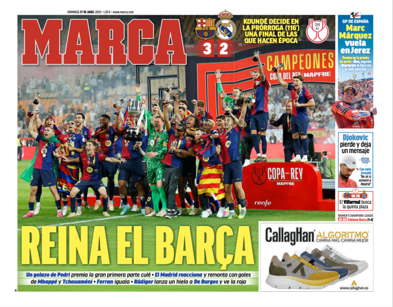 国王杯決勝バルセロナ戦翌日MARCA紙一面：REINA EL BARÇA（バルサが支配）