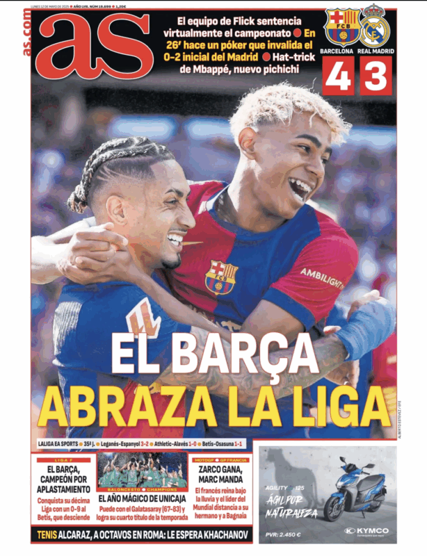リーガ第35節バルセロナ戦翌日AS紙一面：EL BARÇA ABRAZA LA LIGA（バルサ、リーガを抱擁）