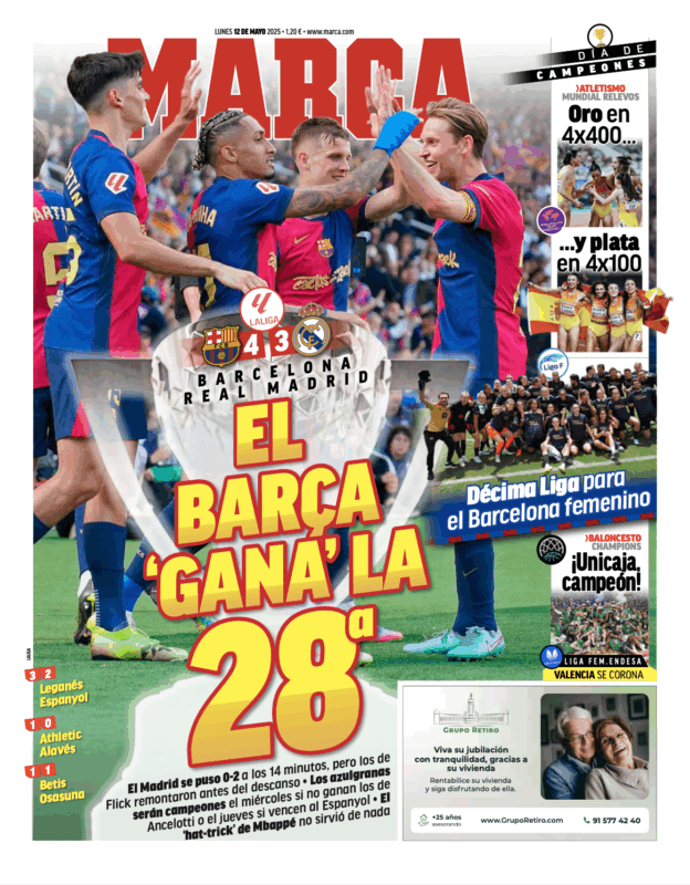 リーガ第35節バルセロナ戦翌日MARCA紙一面：EL BARÇA “GANA” LA 28ª（バルサ、28度目の“リーガ優勝”）