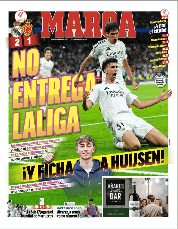 リーガ第36節マジョルカ戦翌日MARCA紙一面：NO ENTREGA LALIGA（リーガ優勝を渡さず）