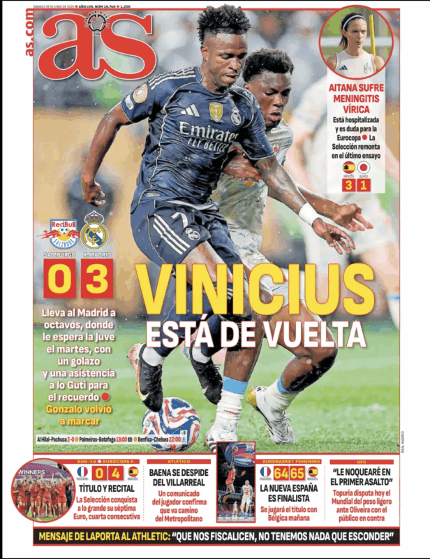クラブワールドカップ・グループリーグ第3節ザルツブルク戦翌日AS紙一面：VINICIUS ESTÁ DE VUELTA（ヴィニシウス復活）