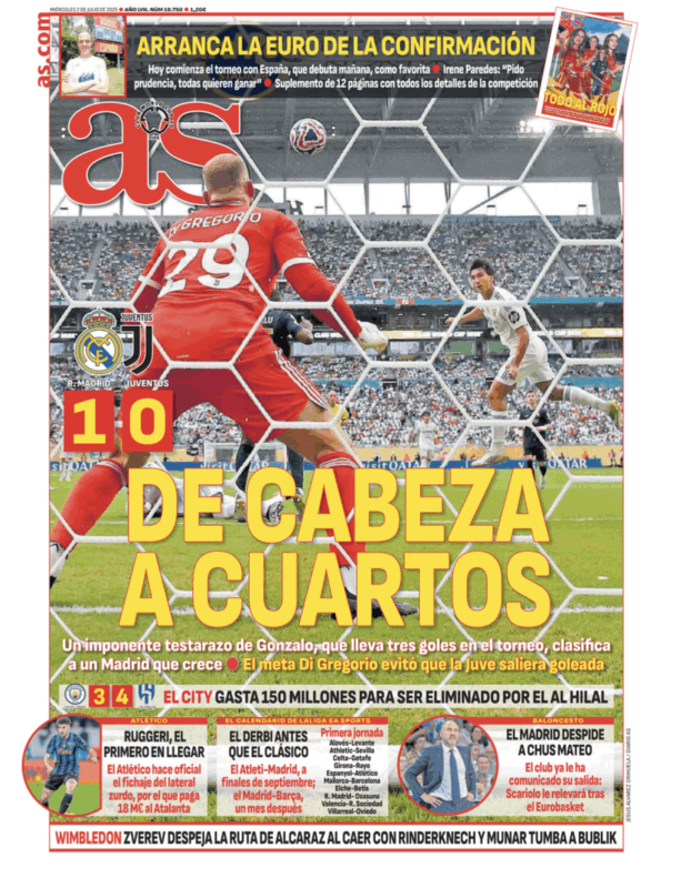 クラブワールドカップ・ラウンド16ユベントス戦翌日AS紙一面：DE CABEZA A CUARTOS（ヘディングシュートで準々決勝へ）