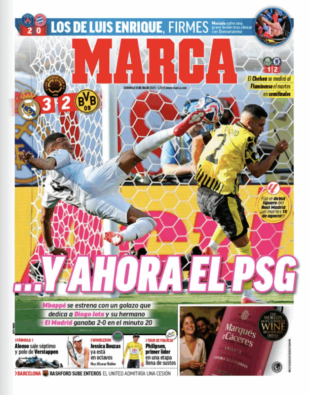 クラブワールドカップ準々決勝ドルトムント戦翌日MARCA紙一面：…Y AHORA EL PSG（…そしてこの後、PSGと対戦）