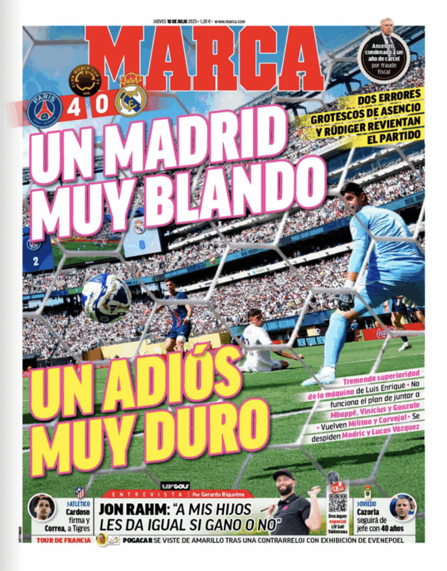 クラブワールドカップ準決勝パリ・サンジェルマン戦翌日MARCA紙一面：UN MADRID MUY BLANDO UN ADIÓS MUY DURO（とても脆いマドリー、非常に厳しい別れ ）