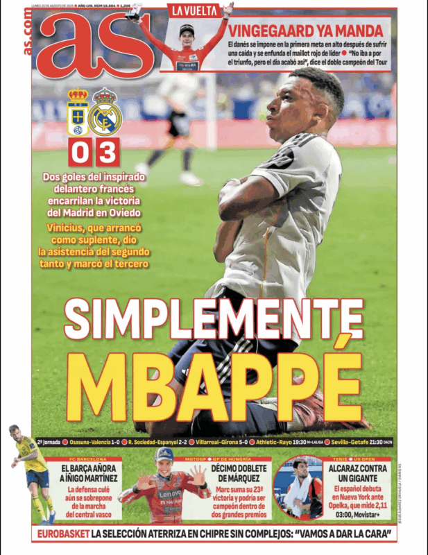 リーガ第2節オビエド戦翌日AS紙一面：SIMPLEMENTE MBAPPÉ（シンプルにエムバペ）
