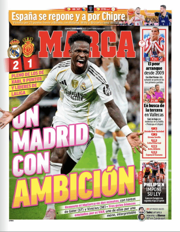 リーガ第3節マジョルカ戦翌日MARCA紙一面：UN MADRID CON AMBICIÓN（野心溢れるマドリー）
