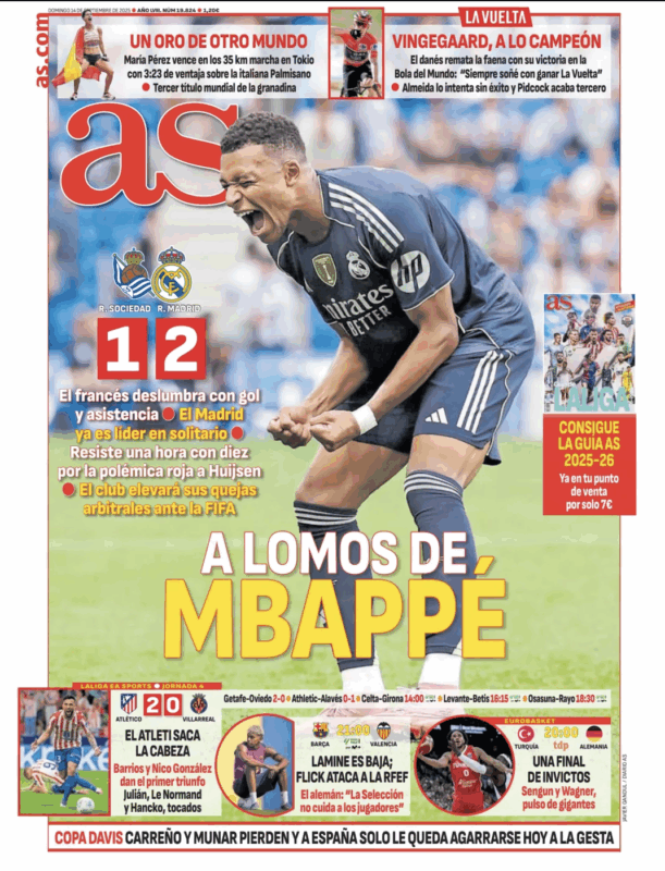 リーガ第4節レアル・ソシエダ戦翌日AS紙一面：A LOMOS DE MBAPPÉ（エムバペの背中に乗って）