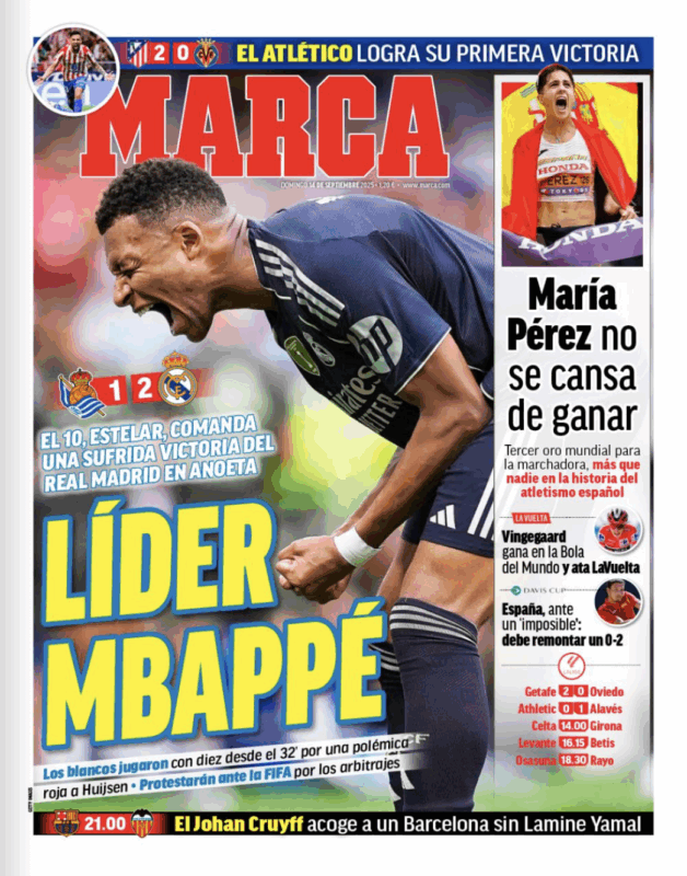 リーガ第4節レアル・ソシエダ戦翌日MARCA紙一面：LÍDER MBAPPÉ（リーダー・エムバペ）