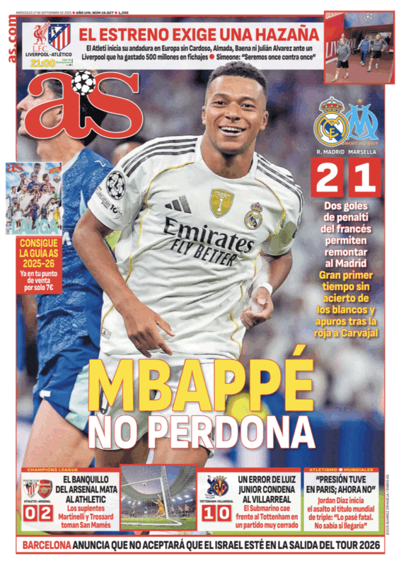CLリーグフェーズ第1節マルセイユ戦翌日AS紙一面：MBAPPÉ NO PERDONA（エムバペ、容赦せず）