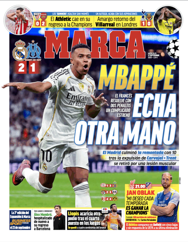 CLリーグフェーズ第1節マルセイユ戦翌日MARCA紙一面：MBAPPÉ ECHA OTRO MANO（エムバペが再びチームを救出）