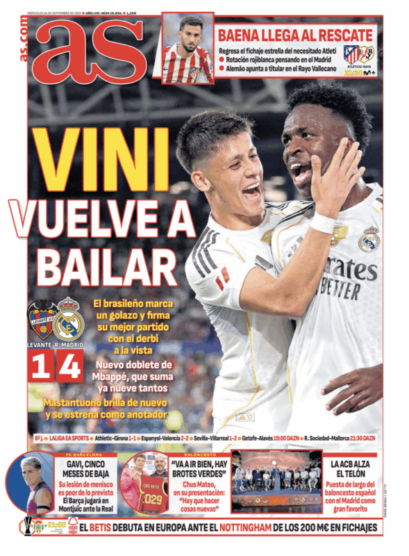 リーガ第6節レバンテ戦翌日AS紙一面：VINI VUELVE A BAILAR（ヴィニ、再びダンス開始）