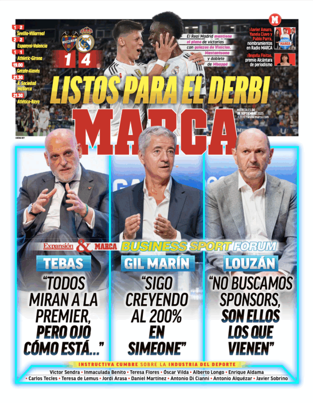リーガ第6節レバンテ戦翌日MARCA紙一面：LISTOS PARA EL DERBI（ダービーに向けて準備万端）