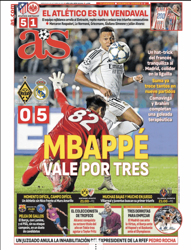 CLリーグフェーズ第2節カイラト・アルマトイ戦翌日AS紙一面：MBAPPÉ VALE POR TRES（エムバペは3人分の価値あり）