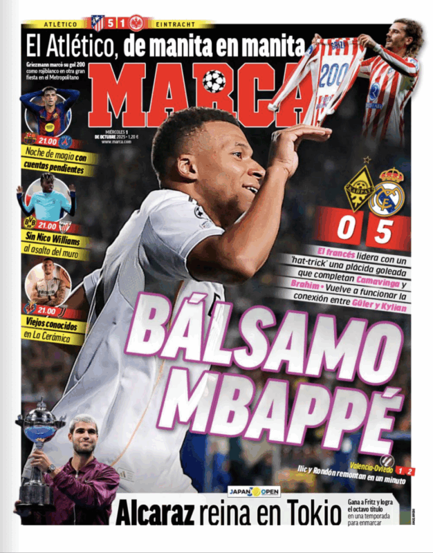 CLリーグフェーズ第2節カイラト・アルマトイ戦翌日MARCA紙一面：BÁLSAMO MBAPPÉ（鎮痛剤の役割を果たすエムバペ）