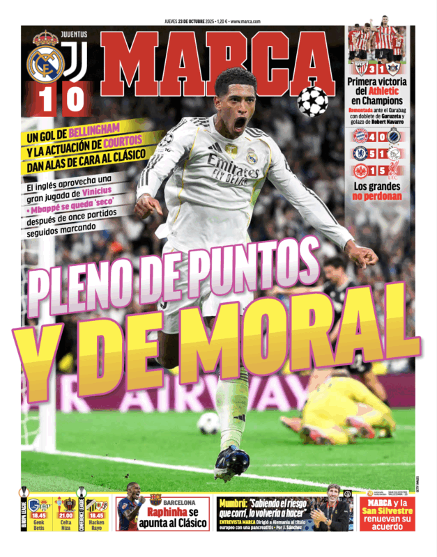 CLリーグフェーズ第3節ユベントス戦翌日MARCA紙一面：PLENO DE PUNTOS Y DE MORAL（勝ち点と士気が最高に）