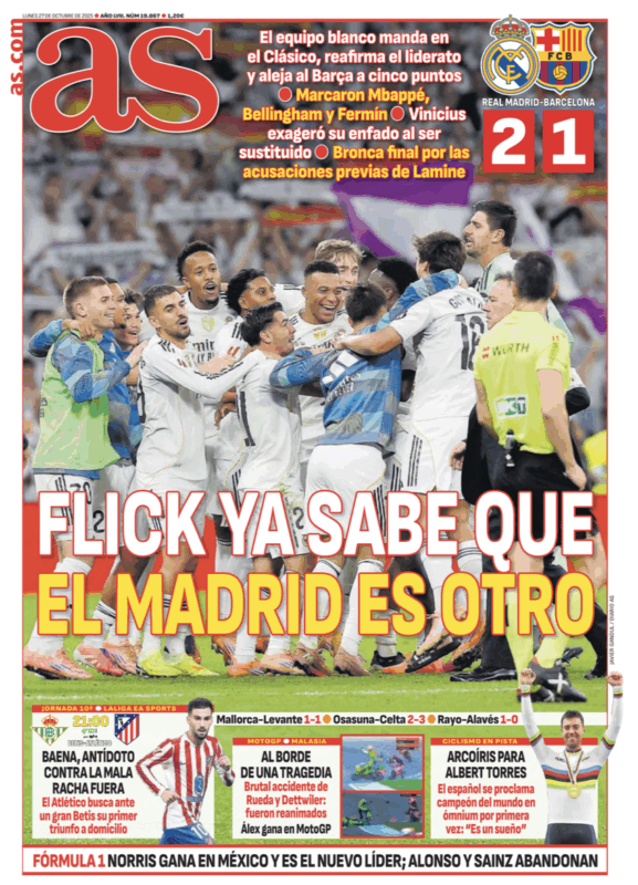 リーガ第10節バルセロナ戦翌日AS紙一面：FLICK YA SABE QUE EL MADRID ES OTRO（フリック、マドリーが別物であることを理解）