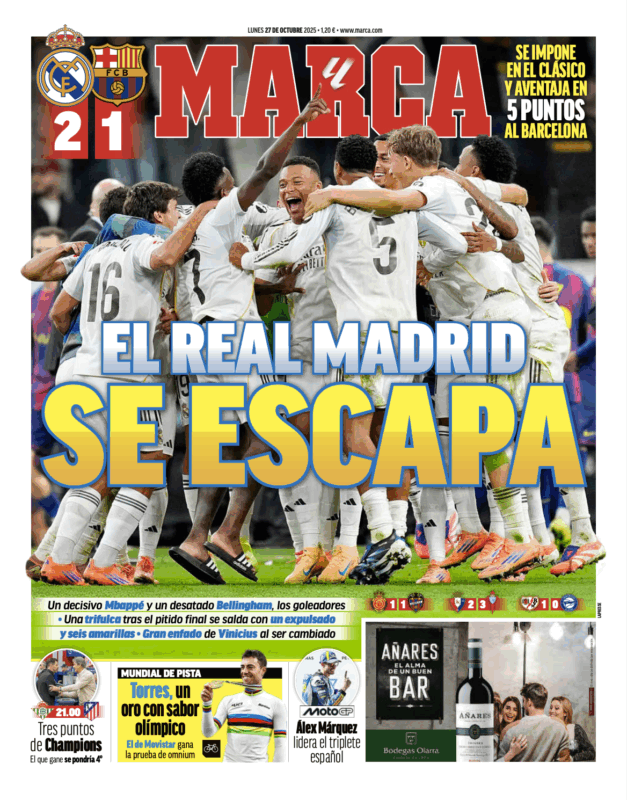 リーガ第10節バルセロナ戦翌日MARCA紙一面：EL REAL MADRID SE ESCAPA（レアル・マドリード、逃げ切りに成功）