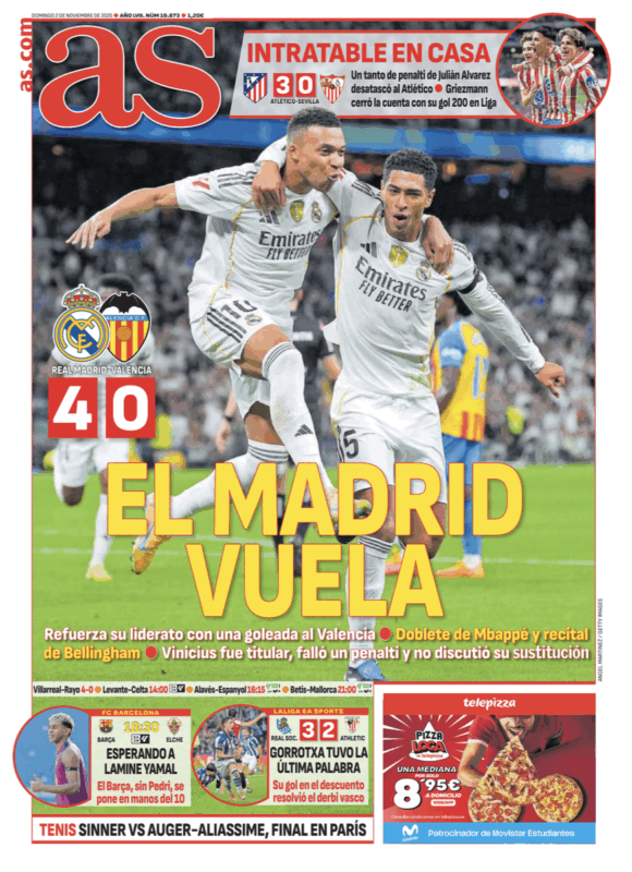 リーガ第11節バレンシア戦翌日AS紙一面：EL MADRID VUELA（飛翔するマドリー）