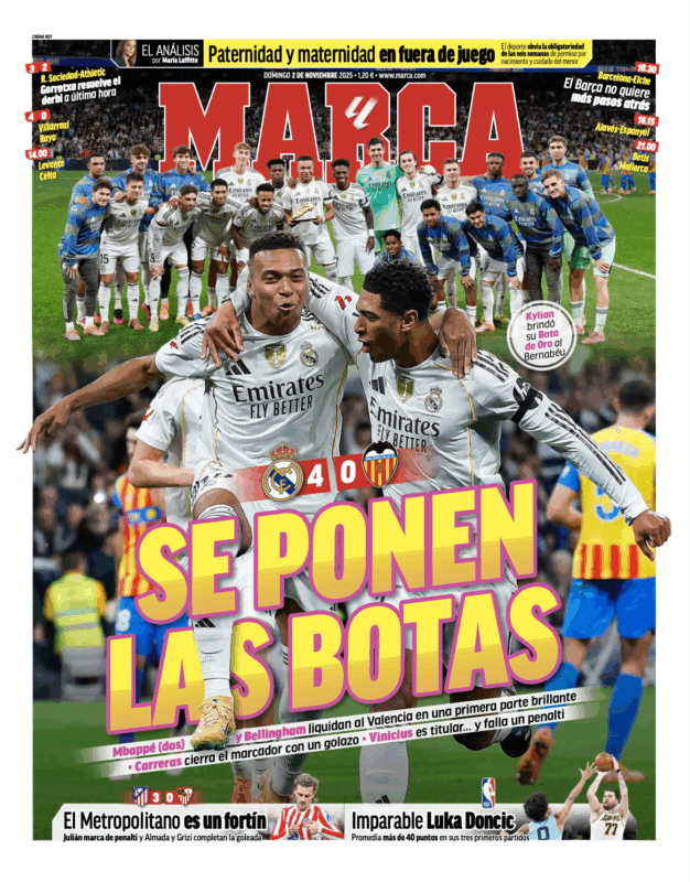 リーガ第11節バレンシア戦翌日MARCA紙一面：SE PONEN LAS BOTAS（大いに楽しむ）