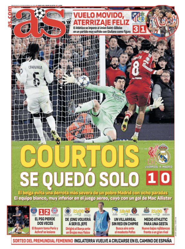 CLリーグフェーズ第4節リバプール戦翌日AS紙一面：COURTOIS SE QUEDÓ SOLO（クルトゥワ一人のみ）