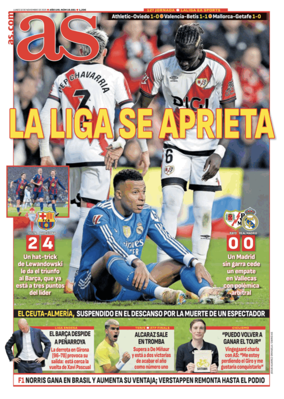 リーガ第12節ラージョ・バジェカーノ戦翌日AS紙一面：LA LIGA SE APRIETA（リーガが混戦に）