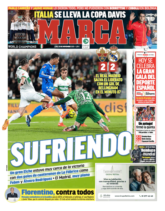 リーガ第13節エルチェ戦翌日MARCA紙一面：SUFRIENDO（苦戦中）