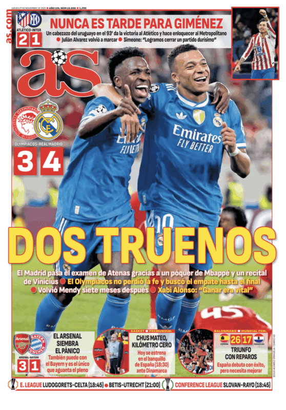 CLリーグフェーズ第5節オリンピアコス戦翌日AS紙一面：DOS TRUENOS（二つの雷鳴）